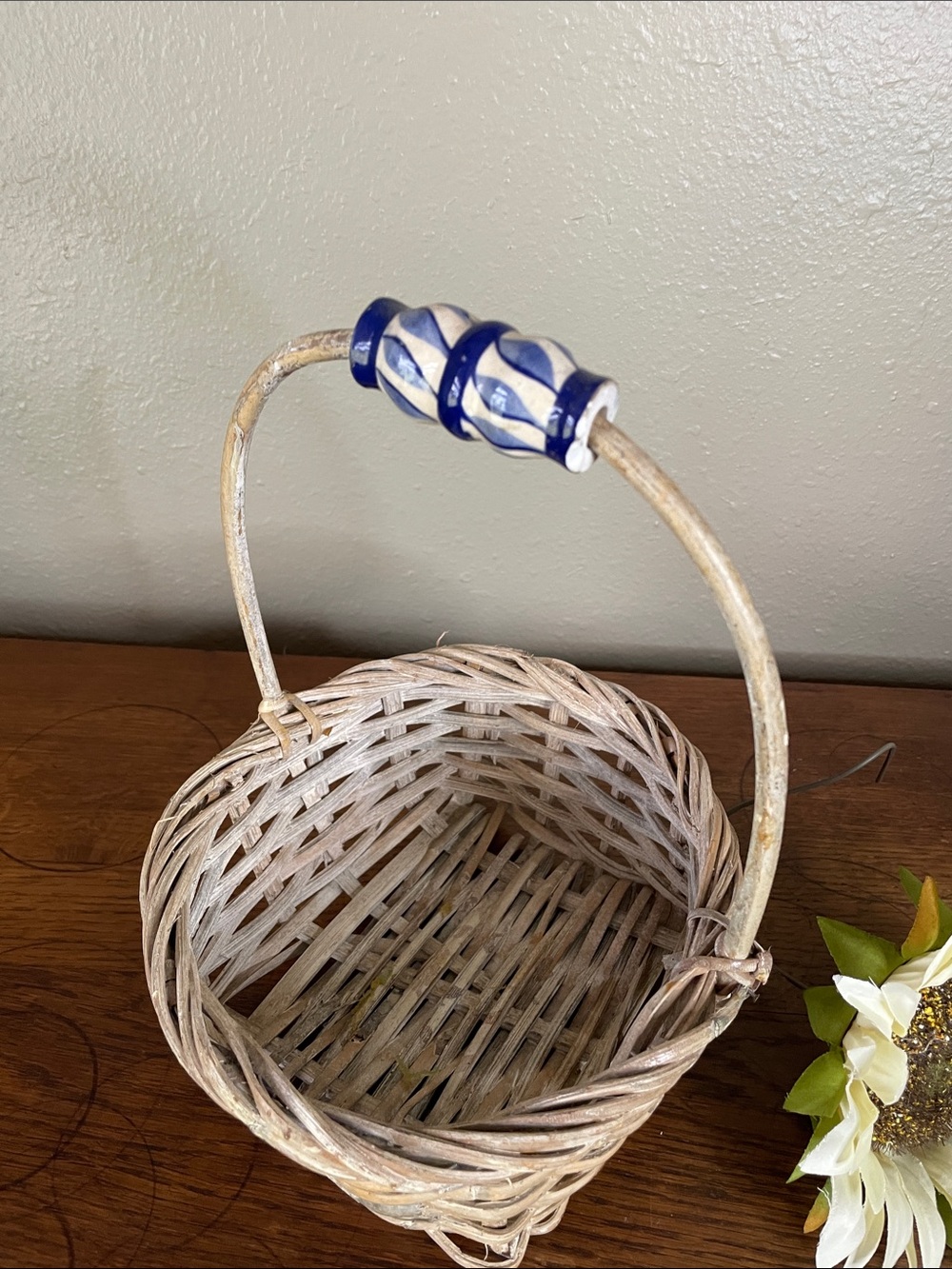 Vintage Wicker Handled Decorative Basket with Blue Ceramic Bead Accent - Picture 4 of 13